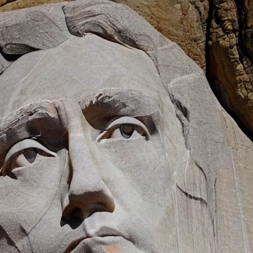 Image similar to donald trump's face carved into the rock on mount rushmore. the photo clearly depicts donald trump's facial features next to other former presidents, at a slightly elevated level, depicting his particular hair style carved into the stone at the mountain top, centered, balances, regal, pensive, powerful, just