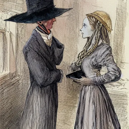 Prompt: a mummy in victorian clothes hat has an intimate conversation with a woman in victorian clothes, watercolor graphic novel style by alan lee and john howe, style of professors daughter