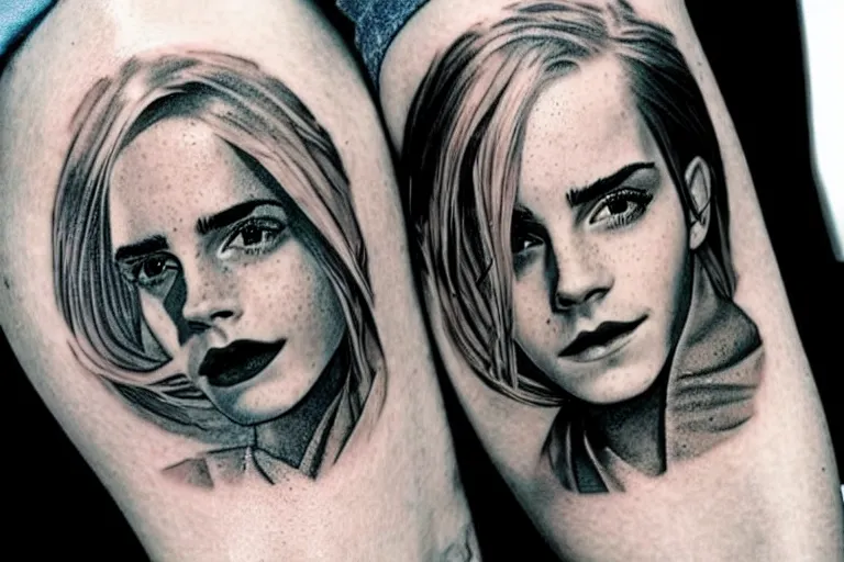 Image similar to emma watson, dope tattoo, hyperrealistic