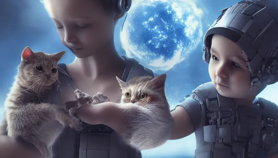 Image similar to a beautiful award-winning photo of a cyborg holding a small cat in his hands, serene post-nuclear background, a huge nuclear cloud, intricate details, numerous fires, volumetric lighting, haze, very high quality, extremely detailed, subtle visual noise, unreal engine 5, hyperrealistic, 8K