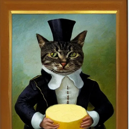 Image similar to cat dressed like napoleon holding a block of cheese