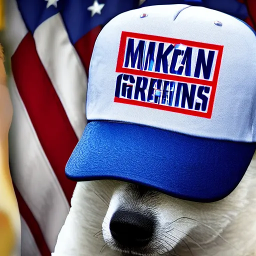 Image similar to doge wearing a make america great again cap, realistic, super detailed, wide shot, 8 k,