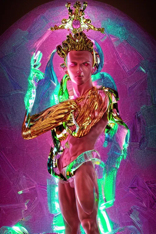 Image similar to hyper detailed ultra sharp fullbody photo of baroque and cyberpunk transparent pink gem sculpture of a muscular seductive young latino feeling muy cachondo, muy dotado, iridescent humanoid deity wearing ed plastic seethrough cloak, holding a rainbow tiger gem, blue diamond, glowing pink face, crown of white diamonds, cinematic lighting, photorealistic, octane render 8 k