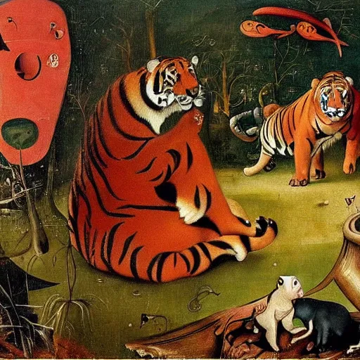 Prompt: in a dream world, a tiger tries to close an important deal, a pig tries to prevent the success of the deal, in the style of hieronymus bosch, part by victor stabin, part by afro, part by cagli, epic composition, insanely quality, only with red and crimson colors, masterpiece