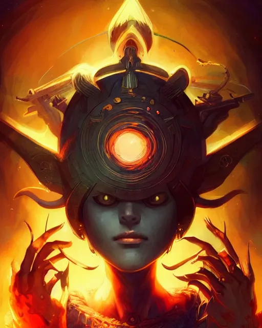 Image similar to visions in nightmares, the all seeing eye in the forehead of reality, a fire of a million guns, the mother of a millions sounds, god emperor of civilization illustration trending on artstation, anime. by peter mohrbacher and artgerm and greg rutkowski and studio trigger and ilya kuvshinov. high quality, stunning, intricate detailed character. 8 k