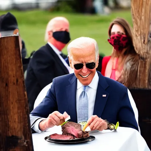 Prompt: Joe biden eating steak in a graveyard