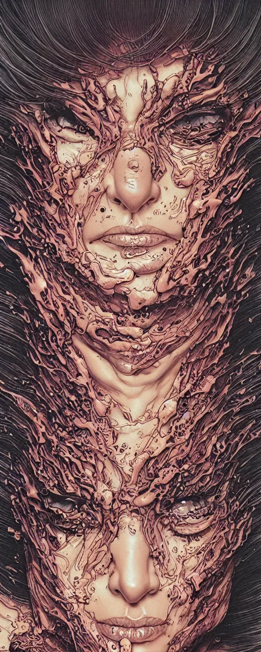 Image similar to closeup of face melting in agony been pulled by hands, inside a frame on a tiled wall, frontal picture, by yoichi hatakenaka, masamune shirow, josan gonzales and dan mumford, ayami kojima, takato yamamoto, karol bak