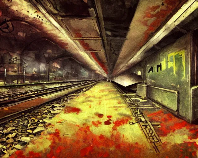 Image similar to urban overgrown subway decay gothics, comic style painting with oil on cardboard, intense brushstrokes with rough brush, cinematic color palette, 4K