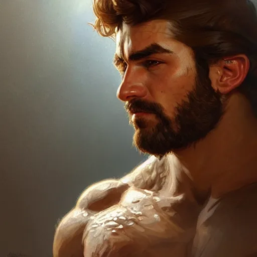 Image similar to portrait of a young rugged ranger, muscular, bust, hairy chest, D&D, fantasy, intricate, cinematic lighting, highly detailed, digital painting, artstation, concept art, smooth, sharp focus, illustration, art by Artgerm and Greg Rutkowski and Alphonse Mucha
