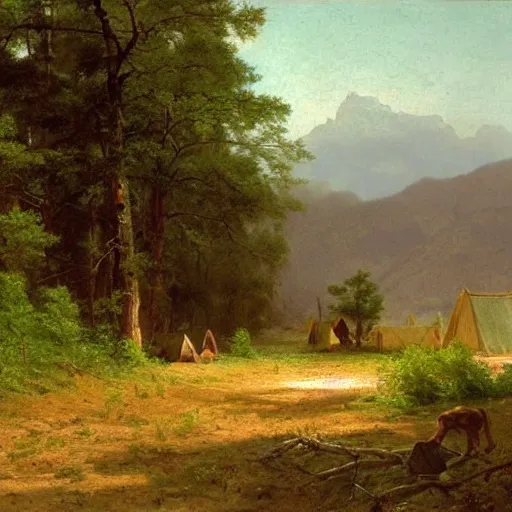 Prompt: A painting of a small camp on the side of a dirt road, painting by Albert Bierstadt