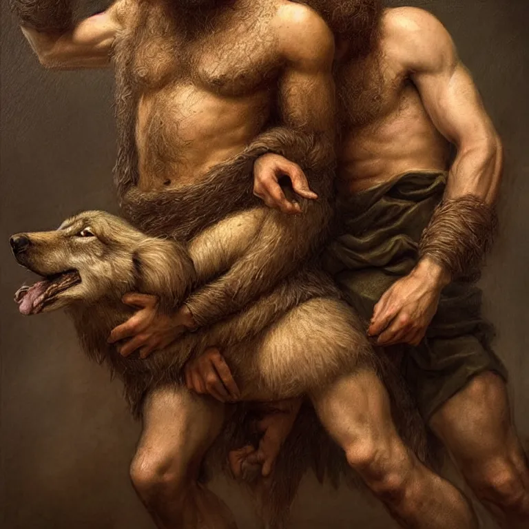 Image similar to renaissance painting full body portrait of a gruff ranger and his wolf, lean and toned, handsome face, hairy chest and hairy body, D&D, intricate, elegant, highly detailed, digital painting, artstation, concept art, matte, sharp focus, chiaroscuro, well list, illustration, art by Da Vinci, Artgerm and Greg Rutkowski and Alphonse Mucha