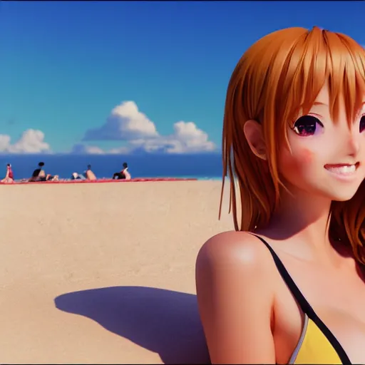 Image similar to a very beautiful 3d anime girl on the beach looking at the sun, unreal engine 5 4k render, hazler eyes, cute smile, trending on artstation, medium shot, long blonde hair