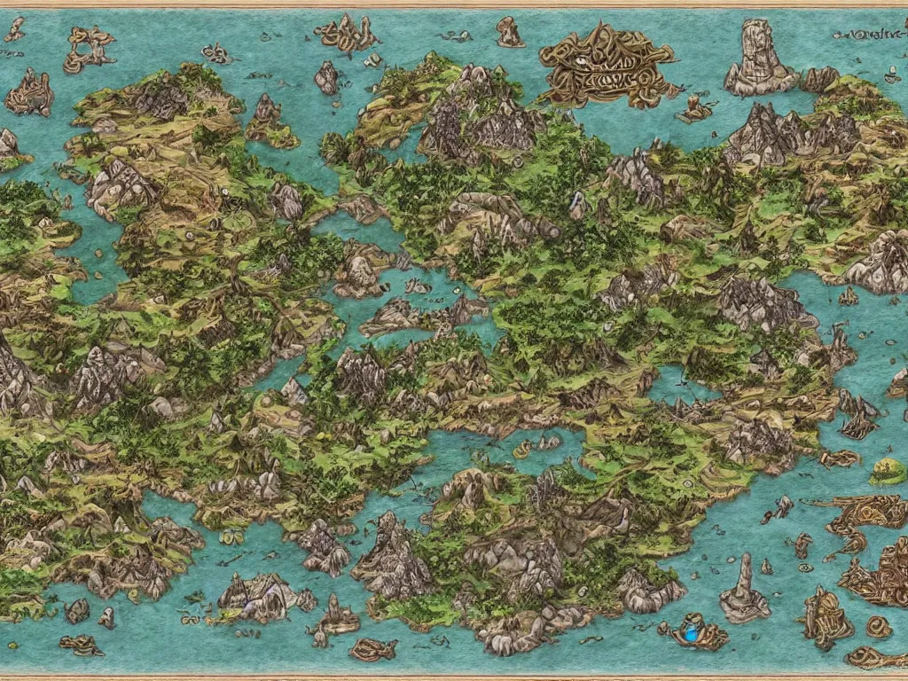 Image similar to an incredibly detailed map of a fantasy world with elaborate biomes and illustrations