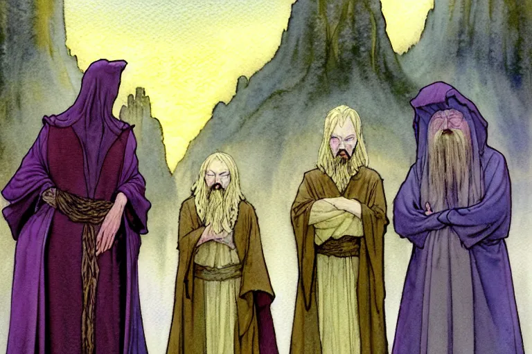 Prompt: a realistic and atmospheric watercolour fantasy character concept art portrait of a three christians wearing robes standing in front of a small fat chibi grey alien. they are emerging from the mist on the moors of ireland at night. a ufo is in the sky. by rebecca guay, michael kaluta, charles vess and jean moebius giraud