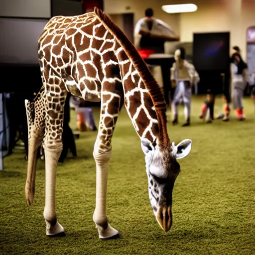 Image similar to young giraffe grazing at video game tournament