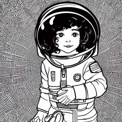 Image similar to clean simple line art of a cute little girl with short wavy curly hair. she is dressed as an astronaut. no background. well composed, clean coloring book page, beautiful detailed face. coloring book line art by artgerm and greg rutkowski and johanna basford and alphonse mucha