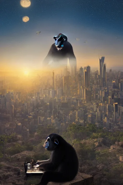 Image similar to ape wearing formal suit eating other apes in surreal scene, cubical meeting room office, skyline showing from the windows, 8k hyper realistic, sunset, volumetric rays, fine art, artstation, matte painting, masterpiece by vasnetsov