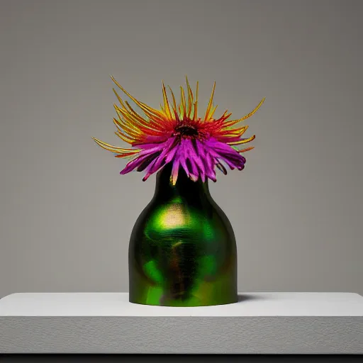 Image similar to An ultra high definition studio photograph of an alien flower in a simple vase on a plinth. The flower is multicoloured iridescent. High contrast, key light, 70mm.