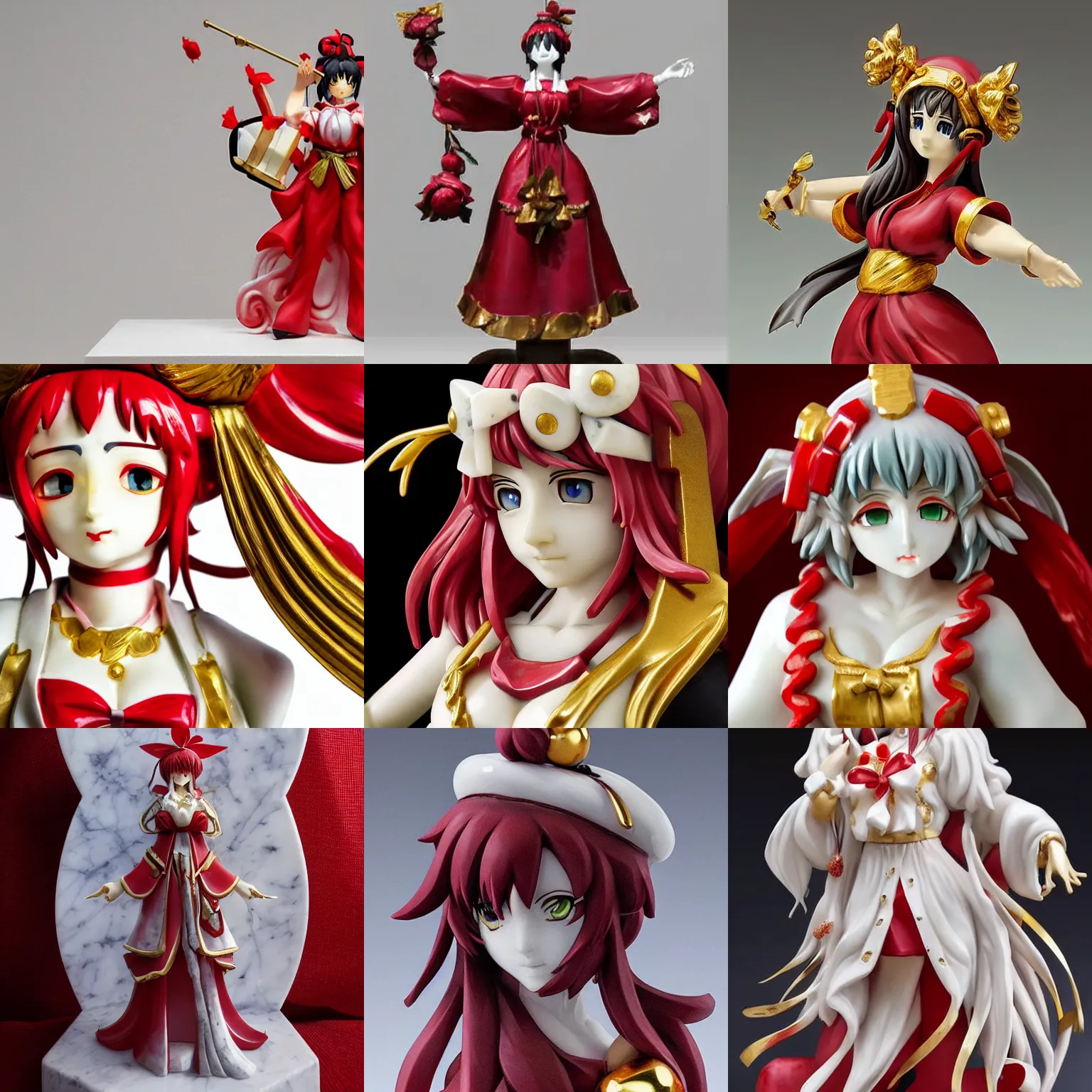 Prompt: a sculpture of reimu hakurei, marble, gold, masterpiece, ultra realistic, hyperrealistic, extreme details