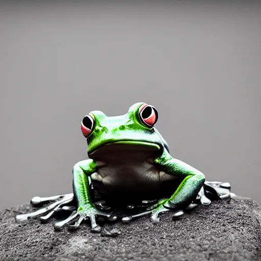 Image similar to cyborg frog with a camera lens as a head, clean design, front profile, monochromatic photo