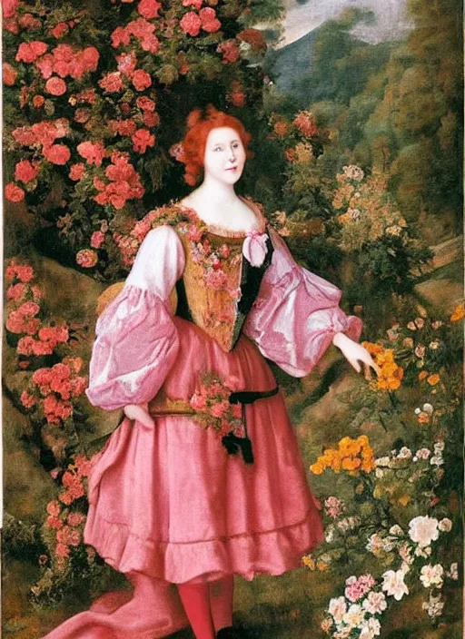 Prompt: Woman in the Black Forest, wearing a pink dress, standing among flowers, she has red hair, style by Diego Velasquez 14K