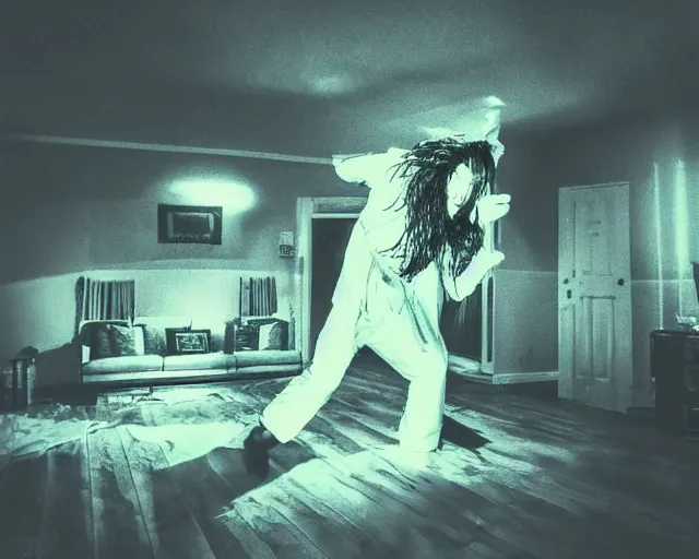 Image similar to transparent horror spirit attacks in living room interior photos shot on iphone, dynamic fight pose, full body shot, sharp focus, grainy, corpse, paranormal flashlight,