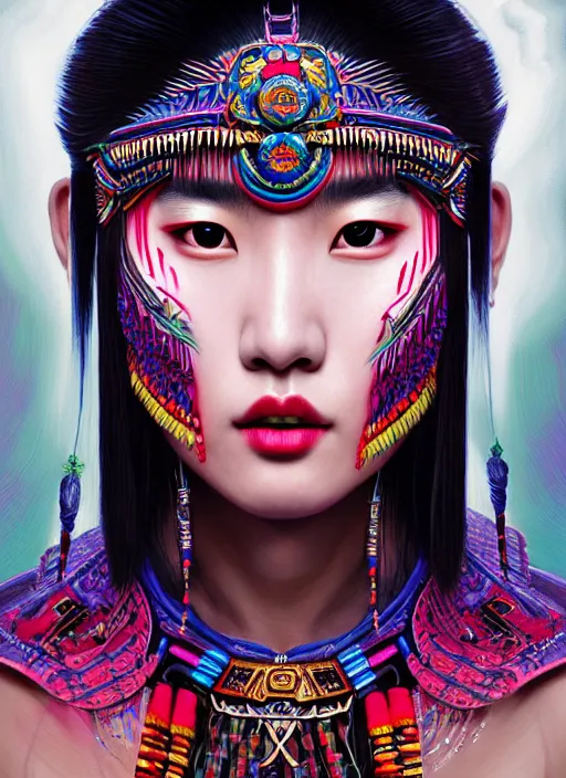 Image similar to portrait of liu yifei, hyper detailed ultra sharp aztec shaman warrior. trending on artstation, warpaint aesthetic, bloodwave, colorful, psychedelic, ornate, intricate, digital painting, concept art, smooth, sharp focus, illustration, art by artgerm and greg rutkowski and h. r. giger, 8 k