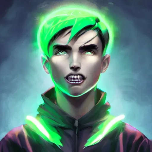 Image similar to a digital matte intricate face illustration concept art of young danny phantom with glowing green eyes and sharp teeth fangs alt art fashion inspired art by charlie bowater and wlop and mark arian and ross tran + neon colors, symmetry, intricate complexity, epic composition, magical atmosphere, highly detailed, cinematic lighting + masterpiece, trending on artstation + 8 k