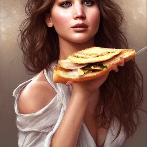 Image similar to an attractive young female eating a sandwich, jennifer lawrence, olive skin, long dark hair, beautiful bone structure, intricate, elegant, highly detailed, digital painting, artstation, concept art, smooth, sharp focus, illustration, art by artgerm and greg rutkowski and alphonse mucha