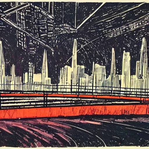 Prompt: 1 9 7 0 s grainy vintage illustration by norman bluhm. a beautiful illustration of a cityscape with tall spires & delicate bridges.