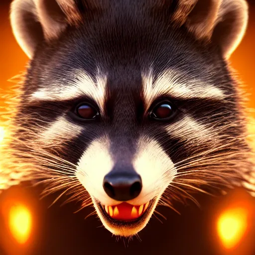 Image similar to a portrait of a devious racoon, cinematic lighting, 8k, 3d rendered in octane, trending on cgsociety,