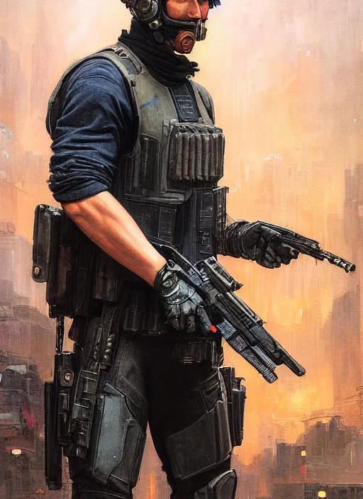 Image similar to 🦸🏼♀🧕🏾 cyberpunk police trooper in a military vest ( blade runner 2 0 4 9, cyberpunk 2 0 7 7 ). orientalist portrait by john william waterhouse and james gurney and theodore ralli and nasreddine dinet, oil on canvas. cinematic, hyper realism, realistic proportions, dramatic lighting, high detail 4 k