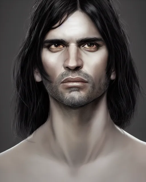 Prompt: portrait of tall, 3 3 - year - old handsome man with long dirty black hair, and grey eyes, wearing black clothes, clear face, hyper realistic face, beautiful eyes, character art, art by mark brooks, hyperdetailed, cryengine, trending on artstation, digital art