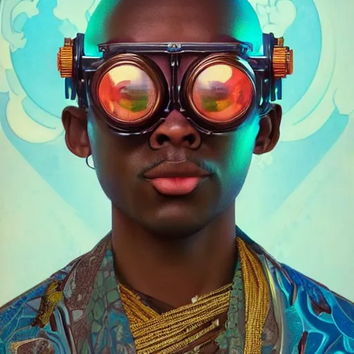 Prompt: colourful vfx upper half - portrait - art of a nigerian boywearing steam punk goggles, art by utagawa kunisada, james jean & alphonse mucha, symmetrical, intricate detail, concept art, volumetric light, ray tracing, caricature, digital illustration, octane 3 d render, unreal engine, sharp, pinterest, behance, art station,