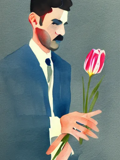 Image similar to water color painting, artwork by saul leiter, of a solo individual portrait of an indian guy holding lilies, dapper, simple illustration, domestic, nostalgic, full of details, matte painting, trending on artstation and unreal engine