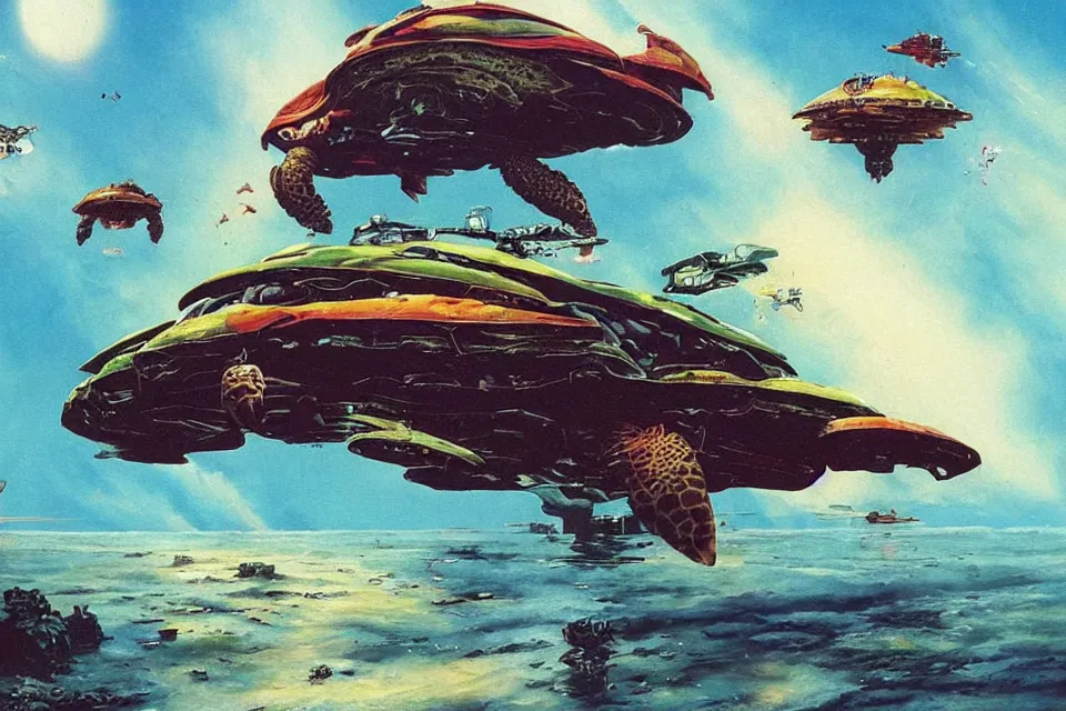 Prompt: an epic chris foss painting of a turtle spaceship and a carp spaceship.