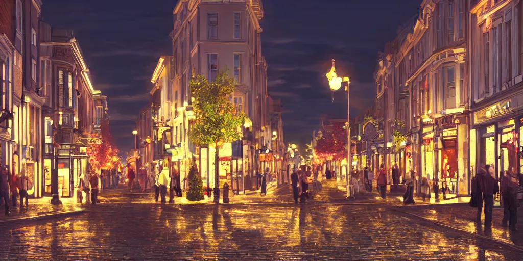 Image similar to Photorealistic Grafton Street on a quiet Charlottetown night. Hyperdetailed photorealism, UHD, amazing depth, glowing rich colors, golden ration, 3d shading, cinematic lighting, artstation concept art