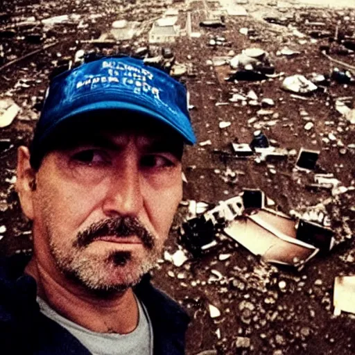 Prompt: final selfie taken by the sad exhausted last person remaining on earth in front of dramatic disasters in the style of roland emmerich during the terrifying apocalypse.