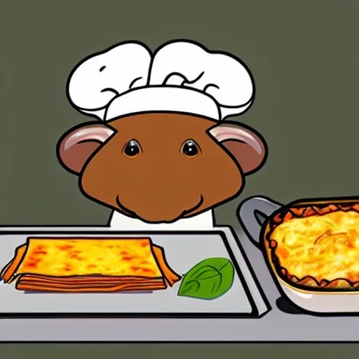 Image similar to platypus wearing a chef hat while putting a lasagna in an oven, with three basil leaves over the lasagna