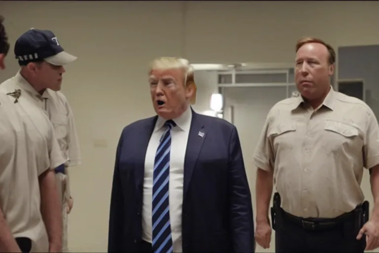 Image similar to movie still of donald trump and alex jones in jail, photograph, tv show, cinematic