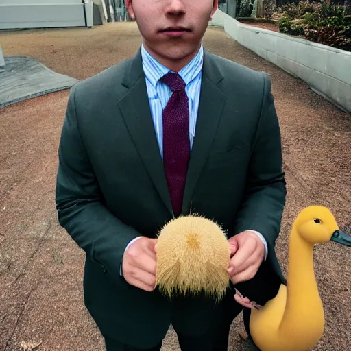 Image similar to a high detail photo of an antropomorphic capybara wearing a suit, subject= duck, subject detail: wearing a suit, photorealism