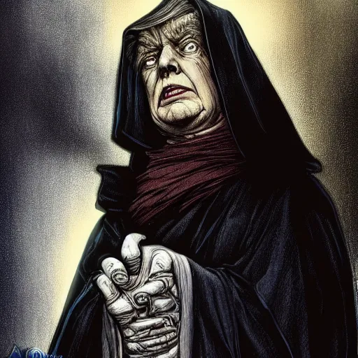 Image similar to a disturbing picture of donald trump as emperor palpatine, intricate, elegant, highly detailed, digital painting, artstation, concept art, matte, sharp focus, illustration, art by rebecca guay and by arthur rackham and by alphonse mucha and by john william waterhouse