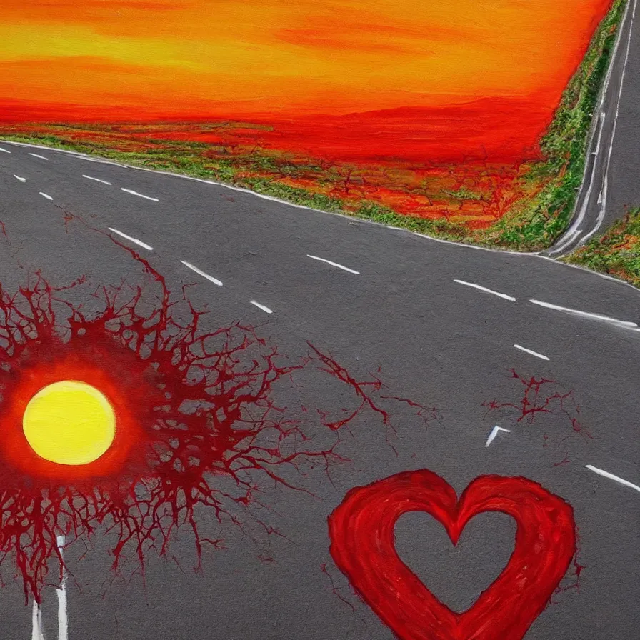 Prompt: creative original painting of a highway road that is a blood artery leading to the heart's core, which is like the sun.