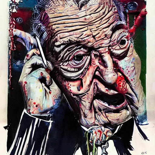 Image similar to George Soros full body shot, dollar bills Body horror, biopunk, by Ralph Steadman, Francis Bacon, Hunter S Thompson