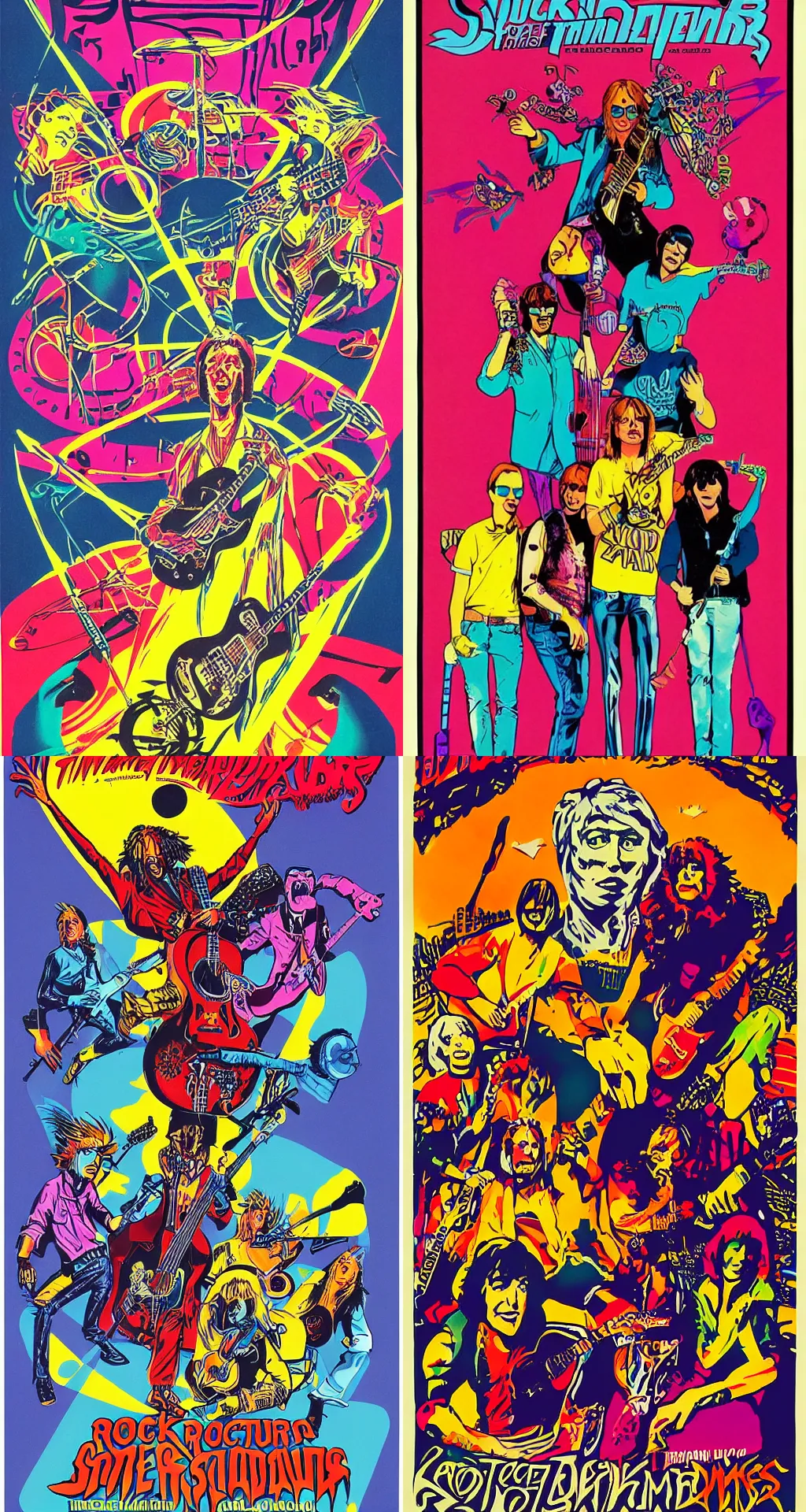 Prompt: Vibrant colored poster for a rockband, time traveling spiders, 1983