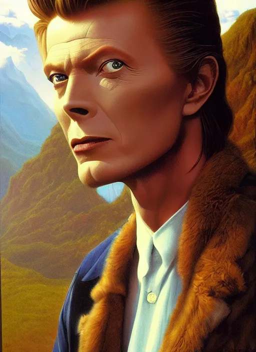 Image similar to twin peaks poster art, portrait of david bowie arriving in small town, by michael whelan, rossetti bouguereau, artgerm, retro, nostalgic, old fashioned