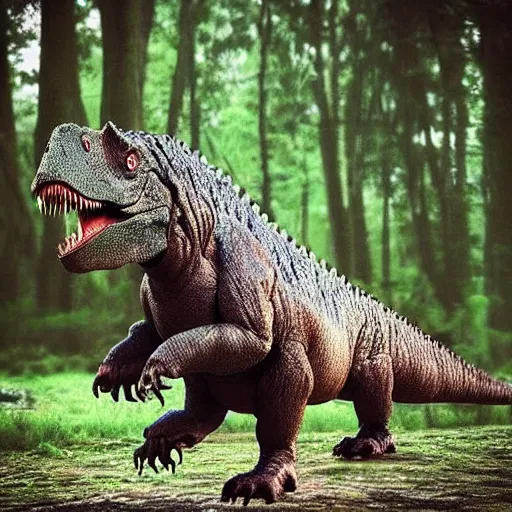 Image similar to “a Tyrannosaurus rex walking through a prehistoric forest”