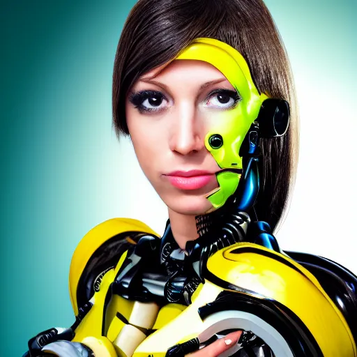 Prompt: portrait photo of a beautiful female cyborg she is a banana!!