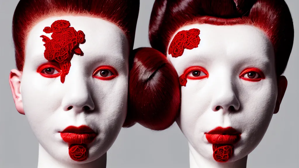 Image similar to symmetrical portrait of a woman wearing a silicone embroidered red beauty mask and white hair buns, wearing a black bodysuit by alexander mcqueen, cream white background, soft diffused light, biotechnology, humanoide robot, bjork aesthetic, translucent, by rineke dijkstra, intricate details, highly detailed, masterpiece,