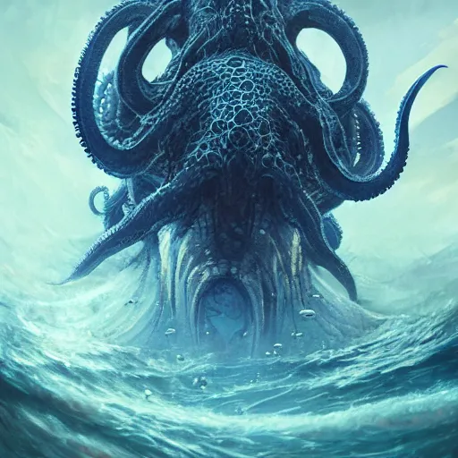 Image similar to A blue Kraken in the sea, highly detailed, fantasy art, female art, in the style of greg rutkowski, illustration, epic, fantasy, intricate, hyper detailed, artstation, concept art, smooth, sharp focus, ray tracing